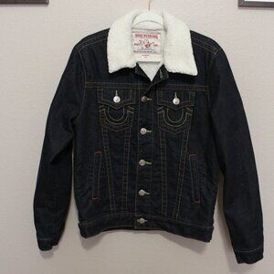 True Religion Mens Denim Sherpa Lined Trucker Jacket Dark Wash Size Small